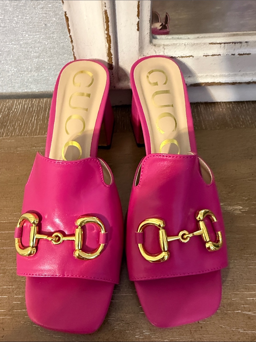 Gucci Hot Pink Leather Horsebit Block Heel Mules